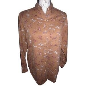 Vtg Banana Republic golden brown button front blouse w horse print, ladies' sz S